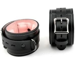 ANKLE BLACK & BLUSH PINK cuffs premium PADDED Handcrafted Leather CF1ABPnk - Picture 1 of 3