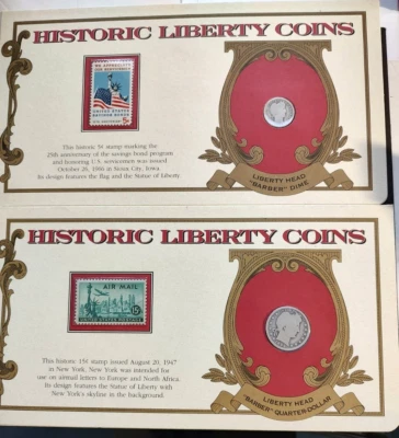 Liberty Head Barber Dime and Quarter Historic Liberty Coins with  Stamps - Image 1 of 2