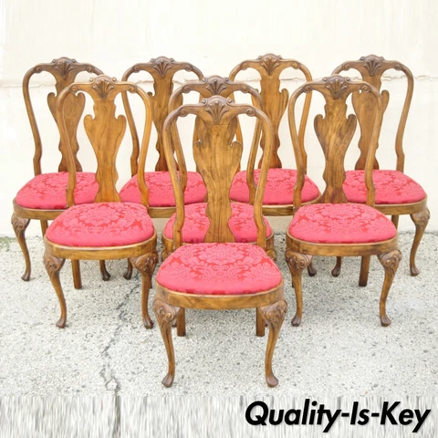 Vintage Queen Anne Style Shell Carved Solid Wood Dining Chairs - Set of 8 Cover