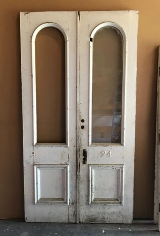 Pair Antique Victorian Arched Glass Top Entrance Doors 26x97 Old VTG 1168-23B Cover