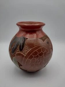 Vintage südamerikanische handbemalte Keramik Vase Pflanzgefäß Volkskunst Meeresschildkröte 5 Zoll T - Bild 1 von 10