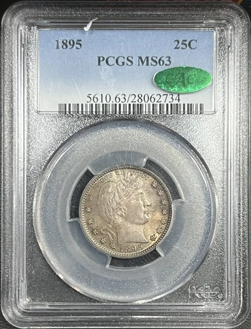 1895 PCGS MS63 CAC Barber Quarter 25c - Choice Mint State Original Cover