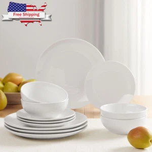 Mainstays 12-Piece White Stoneware Dinnerware Set | Plates & Bowls for 4 - Picture 1 of 7