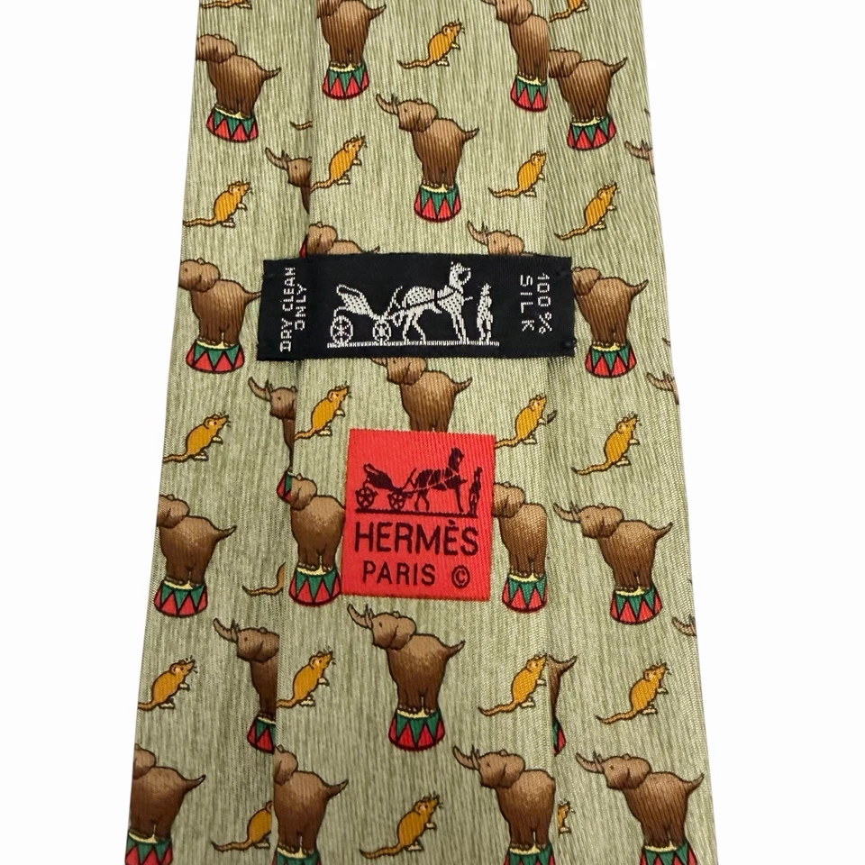 Hermes Mens Tie Circus Elephants & Mice Sage/Brown Silk 7681 TA 3.5" (W) 57" (L) - Image 1 of 4
