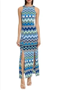 Donna Morgan Blue Geometric Knit Sleeveless Side Slits Maxi Dress Size 4 EUC - Picture 1 of 16