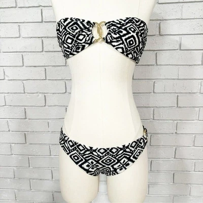 Top de bikini con estampado geométrico blanco y negro azul marino antiguo M/parte inferior S Foto 1 de 4
