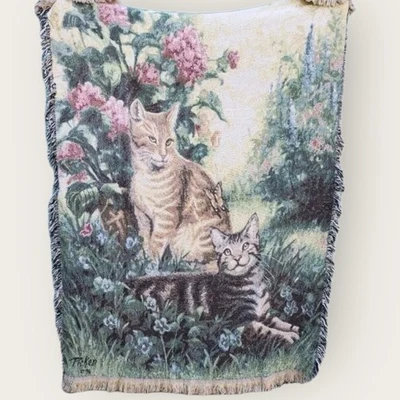 Vintage 1996 Linda Pickens Kittens Large Garden Tapestry Blanket - 68" x 48" - Image 1 of 4