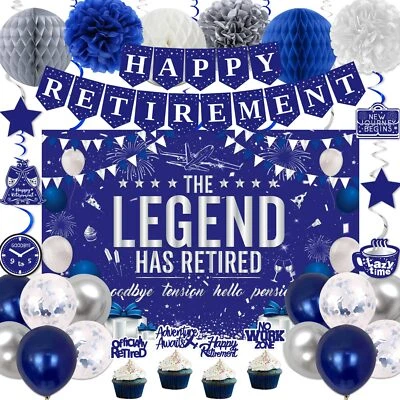 Decoraciones de fiesta de jubilación azul plata decoraciones de feliz jubilación para hombre... Foto 1 de 4
