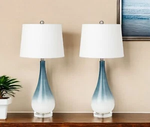 Set of Two 31" Blue and White Glass Table Lamps With White Empire Shade - Picture 1 of 7