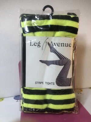Meia-calça Leg Avenue listrada de náilon verde neon preta tamanho único serve para todas NOVAS - Imagem 1 de 4