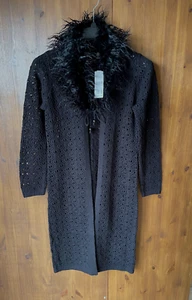 Urban Outfitters Cardigan Midi Pointelle Faux Fur Trim SMALL 👗 BNWT RRP £65