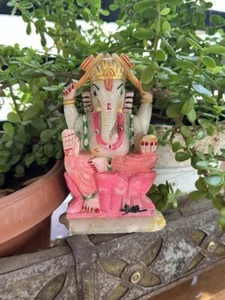 Antique Old Marble Stone Hand Carved Painted Hindu God Ganesha Maa Figurine - Picture 1 of 15