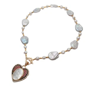 18.5" Cultured Keshi Pearl Choker Necklace Mop Carved Virgin Mary Cz Pendant - Picture 1 of 6