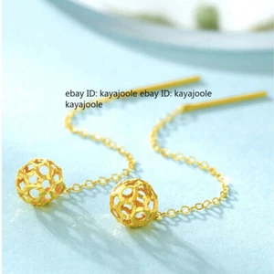 Real 18K Yellow Gold Earrings Drop Women's Hollow Ball 6mm Earrings Line Gift - Picture 1 of 18