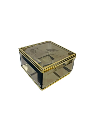 VTG Art Deco Post Mod Smoked Etched Floral Glass Brass Jewelry Casket Box Curio Cover