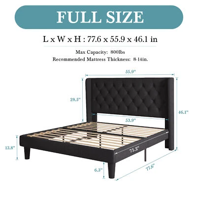 Full Queen King Bed Frame with Diamond Button Tufted Wingback Headboard Black - Image 1 of 4