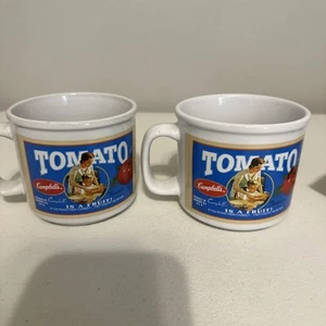 2005 Campbell's Soup Sunny Good Tomato Mug 2 Sided Yellow and Blue Soup total 2 - Picture 1 of 4