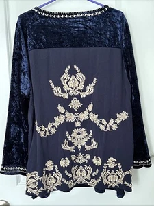 Andree By Unit Embroidered Velvet Tunic  Navy Sz 1X Lagenlook - Picture 1 of 11