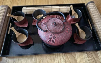 Teavana 22 Piece Cast Iron Burgundy Red Japanese Teapot Tray Set Dragonfly Mats - Image 1 of 4
