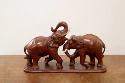 战斗大象雕像木制印度亚洲大象复古家庭办公室装饰 — 第 1/4 张图片
