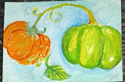 ACEO Original 1 Green, 1 Orange Pumpkin On Aqua Watercolor Art  Fall Halloween  - Image 1 of 3