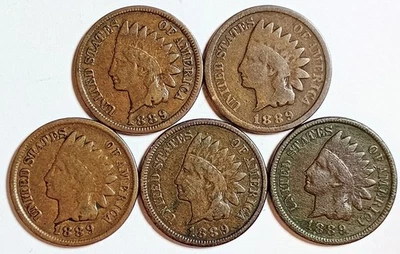  *5* • Indian Head Cents•* ALL *1889* *GOOD OR BETTER*  $$ FREE SHIPPING $$ #795 - Image 1 of 2