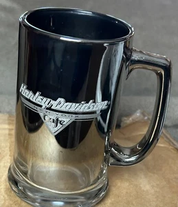 Harley Davidson Etched Glass Mug New York CAFE Mirrored Chrome Beer Stein - Picture 1 of 3