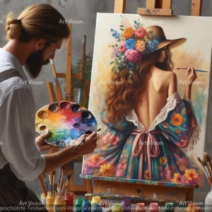 Malerei - Künstler malt am Modell eine Frau - Original auf Leinwand 60x60 cm - Bild 1 von 1