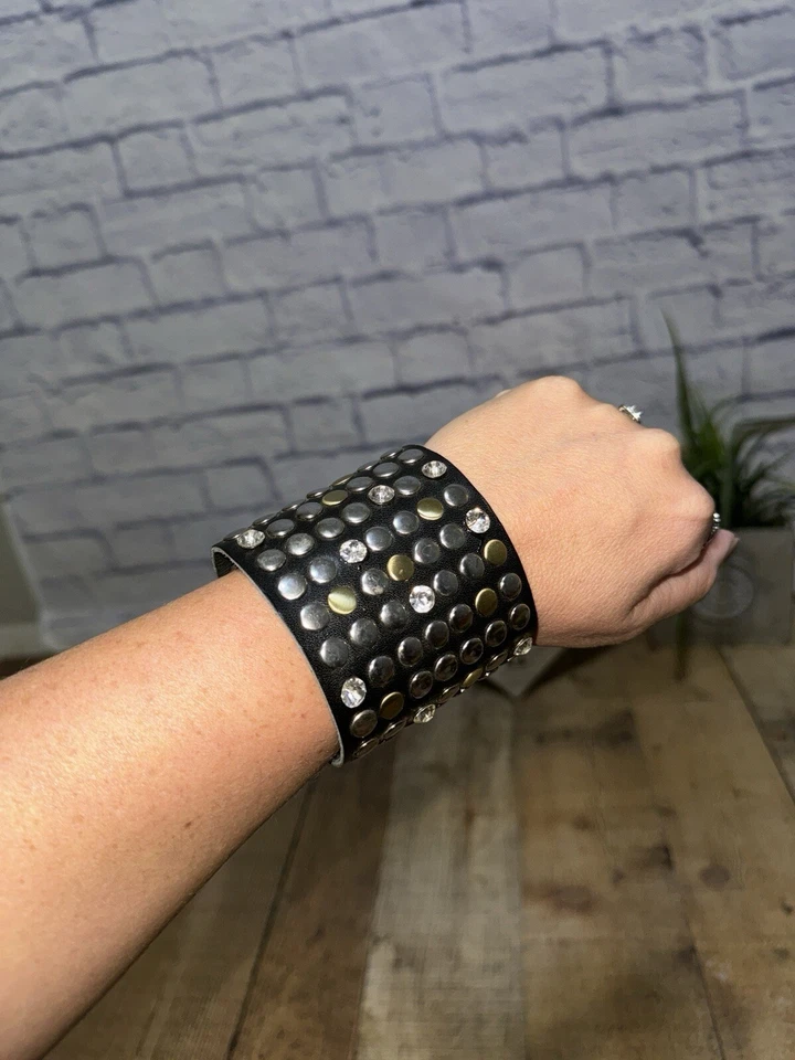 Dazzle Crystal Rhinestone Metal Studs Style Leather Wrap Fashion Bracelet - Image 1 of 4