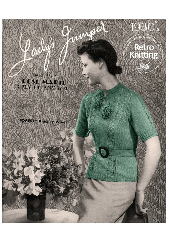 1930's Pretty Sweater with Flower Trims and Belt Knitting Pattern  - Image 1 of 1