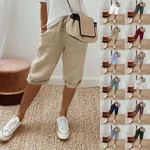 Womens Knee Length Short Pants Ladies Loose Drawstring Casual Solid Color Shorts - Picture 1 of 60