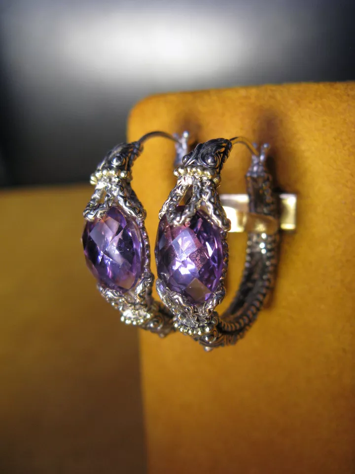 BARBARA BIXBY EARRINGS AMETHYST GEMSTONE BRIOLETTE HOOP SS18K CARVED Gift - Image 1 of 1