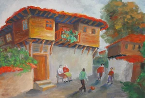 Impressionist landscape houses gouache painting signed - Picture 1 of 12