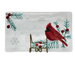 Vassoio da portata in vetro cardinale rosso dipinto a mano Natale inverno bacche - Foto 1 di 10