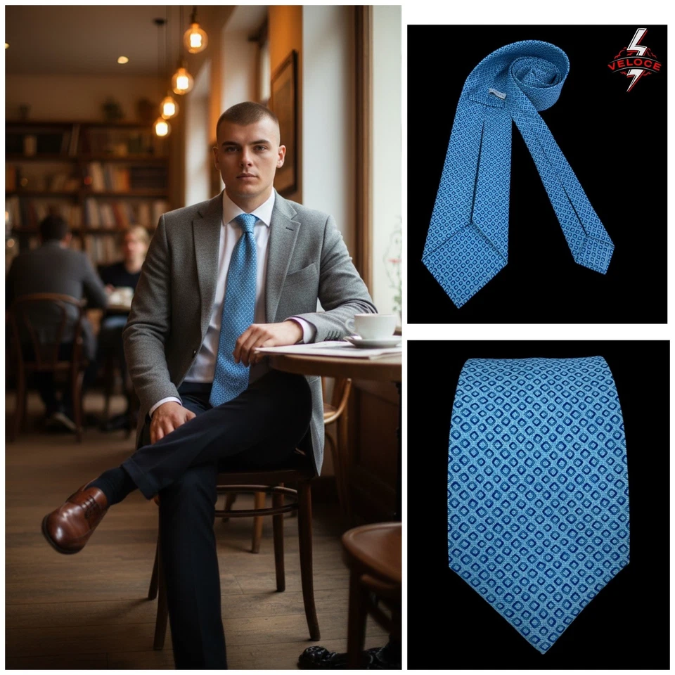 Corbata de seda de lujo geométrica azul BVLGARI hecha en Italia 59’’ x 3,75’’ nueva sin etiquetas  Foto 1 de 4