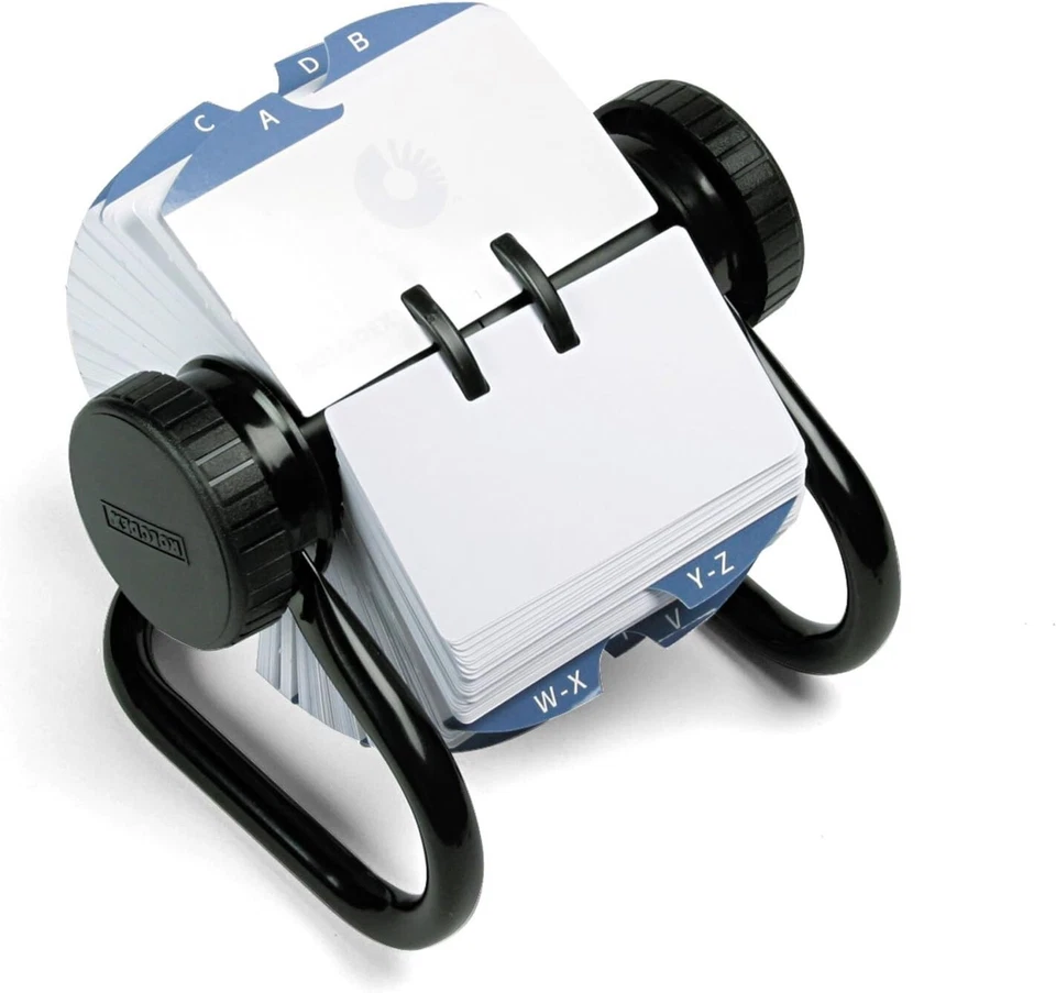 Archivo de tarjetas rotativas abiertas Rolodex 66704 | Metal negro | Tiene capacidad para 500 tarjetas de 2,25" x 4" Foto 1 de 1
