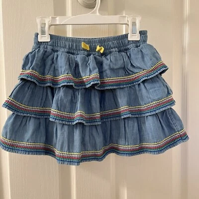 Mini Boden Denim Tiered Woven Skort Skirt Rainbow Embroidered Girls Size 7-8 - Image 1 of 4