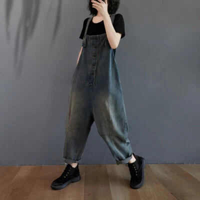 Damen Denim Latzhose Overall Jeans Vintage Mit Taschen Locker Arbeit Hosen - Bild 1 von 4