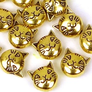 15 Antique Golden Pewter Cat Head Face Bead Kitty Pet Animal 2 sided 8mm  - Picture 1 of 4
