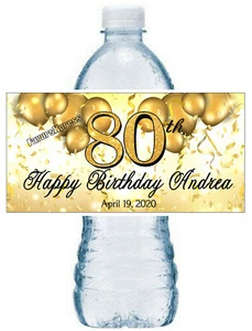 GOLD 80TH BIRTHDAY PARTY FAVORS WATER BOTTLE LABELS ~ PERSONALIZED - Picture 1 of 1