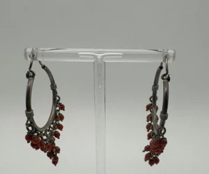 Sterling Silver Coral Beaded Hoop Earrings Boho Hippy Chic - Picture 1 of 4