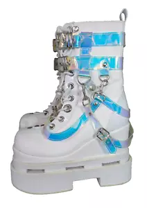 Demonia Eternal Holographic Boots Combat White Platform Ankle Straps Zip Vegan 9 - Picture 1 of 24
