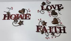 3 Piece FAITH HOPE LOVE MESSAGE SIGN METAL WALL ART ~12" L RUSTIC BROWN RED - Picture 1 of 9