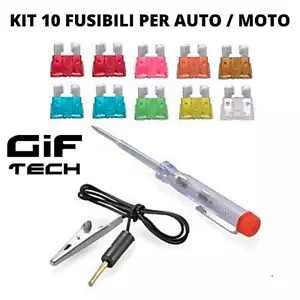 KIT 10 FUSIBILI PER AUTO MOTO + TESTER PINZA ELETTROSONDA E CACCIAVITE CERCAFASE - Foto 1 di 1