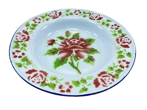 Antique Vintage Red Flower & In Border 10" Vintage Porcelain Enamel Plate Dish - Picture 1 of 7
