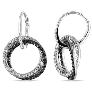 Amour Sterling Silver with Black Rhodium White Diamond Dangle Hoop Earrings - Picture 1 of 3