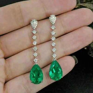 4.50Ct Pear Cut Lab Created Emerald Drop/Dangle Earrings 14K White Gold Finish - Picture 1 of 4