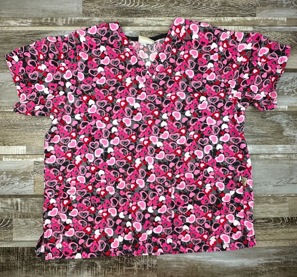 Women's Tafford scrub top black pink hearts Nurse Medical - Image 1 of 4