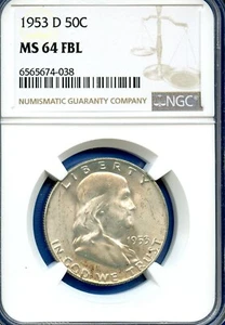 1953 D NGC MS64 FBL Franklin Half Dollar 50c US Silver Mint 1953-D MS-64 FBL - Picture 1 of 3