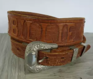 Cintura vintage in pelle lavorata a mano BILLIE floreale tono argento fibbia 32 pollici invecchiata - Foto 1 di 14
